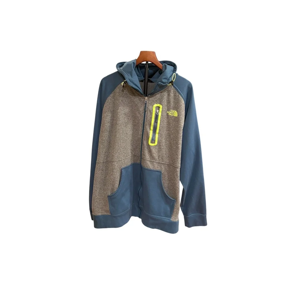 The North Face Mens Full Zip Hoodie Grey Blue Neon Yellow Logo Fleece Jacket